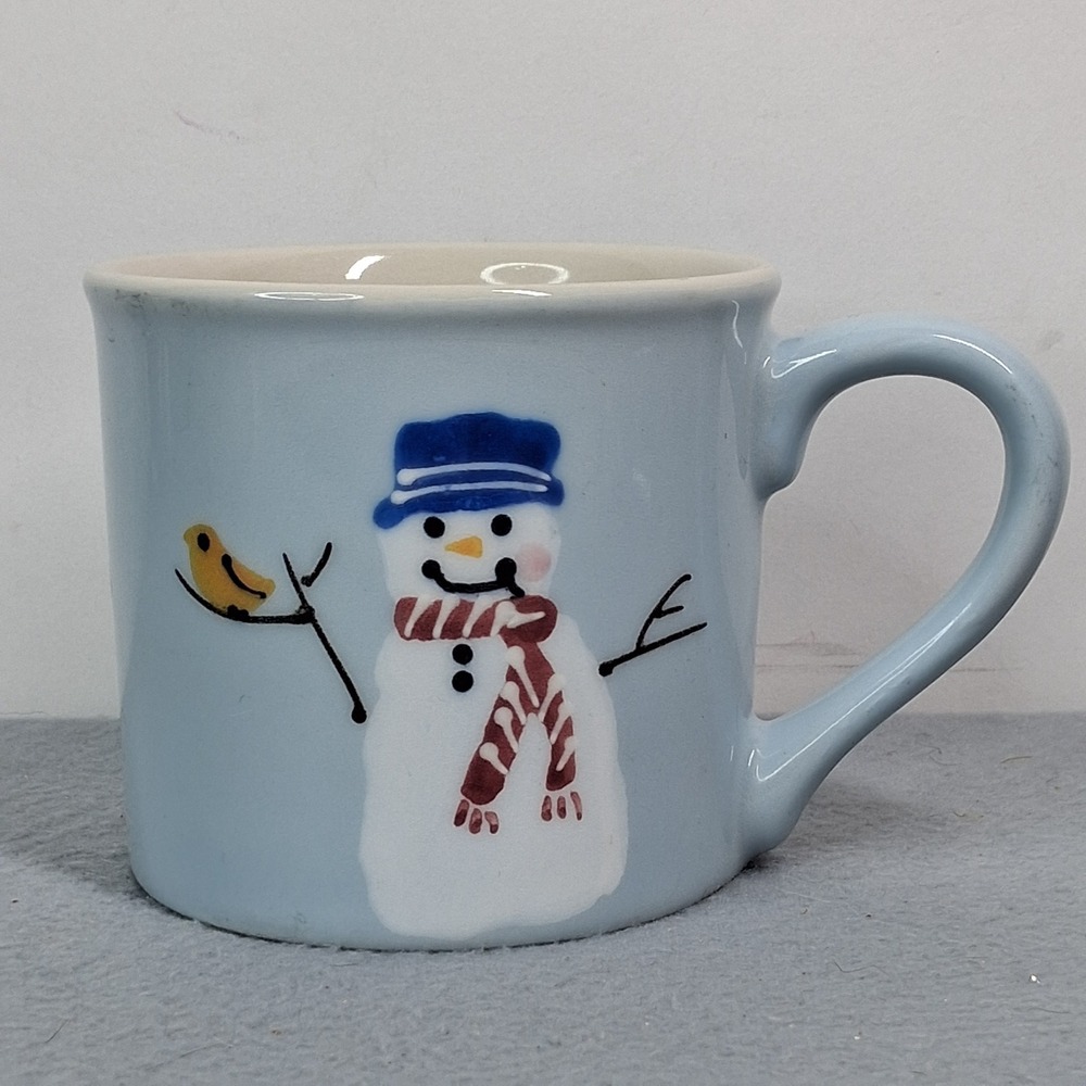 Hartstone Pottery Snowman Bird Mug Blue USA Ceramic Coffee Cup